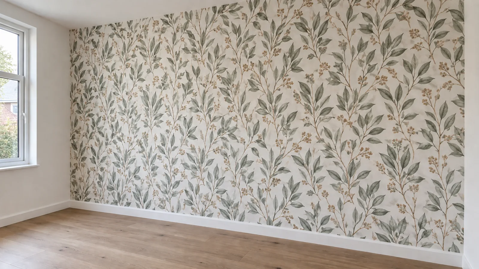 Afgewerkte wand met botanisch patroonbehang